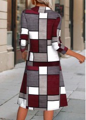 Wine Red Button Geometric Print A Line Dress | thumb picture 