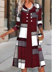 Wine Red Button Geometric Print A Line Dress