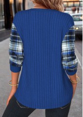 Dark Blue Button Plaid Long Sleeve Split Neck Sweatshirt | thumb picture 