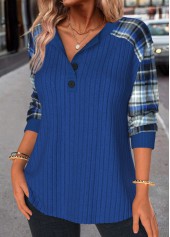 Dark Blue Button Plaid Long Sleeve Split Neck Sweatshirt | thumb picture 