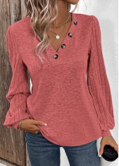 Dusty Pink Patchwork Long Sleeve V Neck Sweatshirt