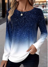 Blue Patchwork Ombre Long Sleeve Round Neck T Shirt