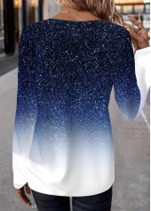 Blue Patchwork Ombre Long Sleeve Round Neck T Shirt | thumb picture 