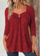 Red Lace Long Sleeve Square Neck T Shirt