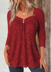 Red Lace Long Sleeve Square Neck T Shirt | thumb picture 