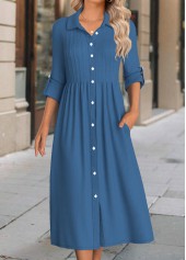 Denim Blue Button Long Sleeve Shirt Collar Dress