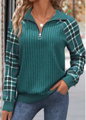 Peacock Blue Patchwork Plaid Long Sleeve Sweatshirt