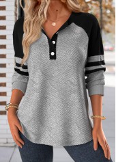 Light Grey Button Long Sleeve Split Neck Sweatshirt