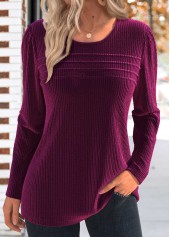 Dark Reddish Purple Tuck Stitch Long Sleeve T Shirt