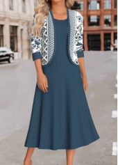 Peacock Blue Two Piece Geometric Print Dress and Cardigan