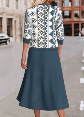 Peacock Blue Two Piece Geometric Print Dress and Cardigan | thumb picture 