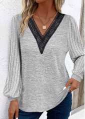 Light Grey Patchwork Long Sleeve V Neck T Shirt