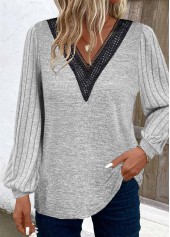 Light Grey Patchwork Long Sleeve V Neck T Shirt | thumb picture 