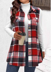 Wine Red Button Plaid Sleeveless Shirt Collar Waistcoat | thumb picture 