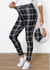 Black Plaid High Waisted Ankle Length Elastic Waist Leggings