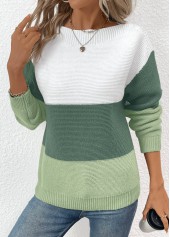 Green Patchwork Long Sleeve Round Neck Sweater | thumb picture 