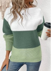 Green Patchwork Long Sleeve Round Neck Sweater