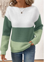 Green Patchwork Long Sleeve Round Neck Sweater | thumb picture 