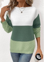 Green Patchwork Long Sleeve Round Neck Sweater | thumb picture 