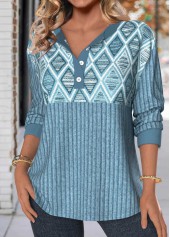 Dusty Blue Button Geometric Print Long Sleeve Sweatshirt | thumb picture 