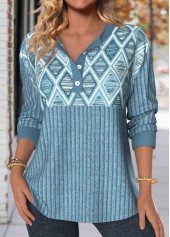 Dusty Blue Button Geometric Print Long Sleeve Sweatshirt