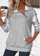 Light Grey Patchwork Plaid Long Sleeve Asymmetrical Neck Sweatshirt