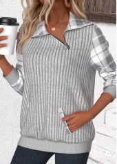 Light Grey Patchwork Plaid Long Sleeve Asymmetrical Neck Sweatshirt | thumb picture 