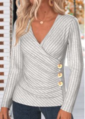 Light Grey Button Long Sleeve V Neck T Shirt | thumb picture 