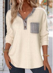 Plus Size Beige Button Long Sleeve Split Neck Sweatshirt
