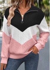 Pink Jacquard Long Sleeve Turn Down Collar Sweatshirt