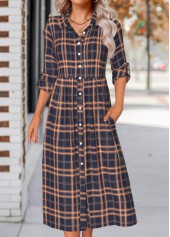 Navy Button Plaid Long Sleeve Shirt Collar Dress | thumb picture 