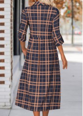 Navy Button Plaid Long Sleeve Shirt Collar Dress | thumb picture 