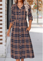 Navy Button Plaid Long Sleeve Shirt Collar Dress