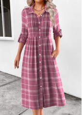 Pink Button Plaid Long Sleeve Shirt Collar Dress