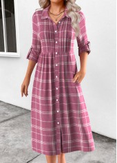 Pink Button Plaid Long Sleeve Shirt Collar Dress | thumb picture 