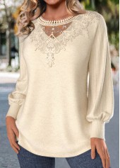 Beige Embroidery Long Sleeve Round Neck T Shirt | thumb picture 