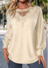 Beige Embroidery Long Sleeve Round Neck T Shirt