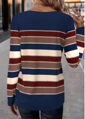 Blue Patchwork Striped Long Sleeve Round Neck T Shirt | thumb picture 