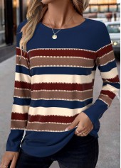 Blue Patchwork Striped Long Sleeve Round Neck T Shirt | thumb picture 