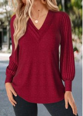 Red Patchwork Long Sleeve V Neck T Shirt