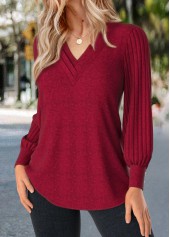 Red Patchwork Long Sleeve V Neck T Shirt | thumb picture 