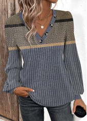 Dark Blue Patchwork Geometric Print Long Sleeve T Shirt