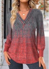 Dark Grey Ombre Long Sleeve V Neck T Shirt