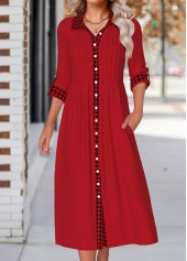 Wine Red Button Plaid Long Sleeve Shirt Collar Dress