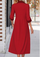 Wine Red Button Plaid Long Sleeve Shirt Collar Dress | thumb picture 