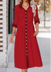 Wine Red Button Plaid Long Sleeve Shirt Collar Dress | thumb picture 