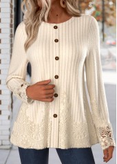 Plus Size Beige Embroidery Long Sleeve T Shirt