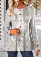 Light Grey Marl Embroidery Long Sleeve Round Neck T Shirt