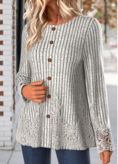 Light Grey Marl Embroidery Long Sleeve Round Neck T Shirt | thumb picture 