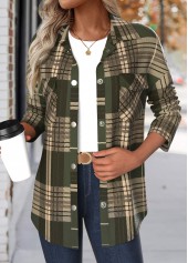 Green Patchwork Plaid Long Sleeve Turn Down Collar Coat